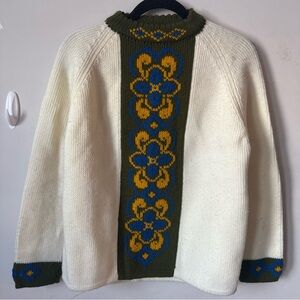Elegant Cream and Green Floral Turtleneck Sweater Handmade
